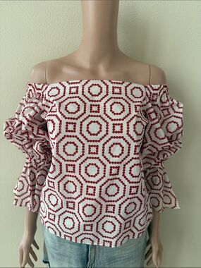 Red & White Off-Shoulder Printed Women's Blouse
